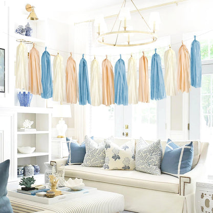 Dusty-Blue Baby-Shower Party-Decorations Tassel-Garland - 15pcs Neutral Boho Birthday Wedding Bridal Tassels, Beige Champagne Banner Streamers, Engagement Bachelorette Decor Panduola