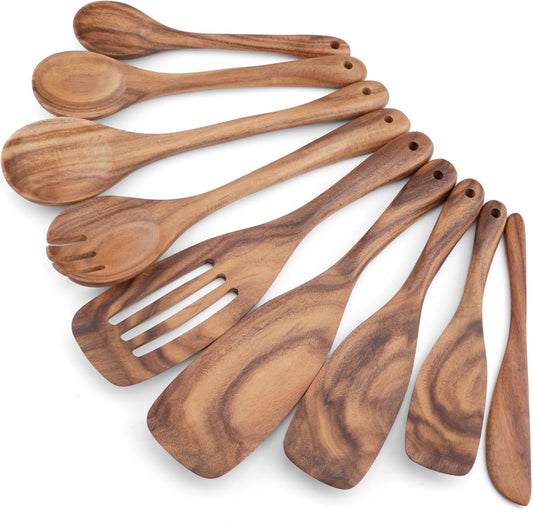 Wooden Cooking Utensils Set, 9 PCS Teak Wood Spoons, Spatula, Slotted Spoon, Handmade Modern