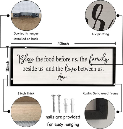 Bless the Food Before Us Sign Wall Decor 40"X15" Large Farmhouse Dining Room Wall Decor Framed Wood Rustic Home Wall Art Kitchen Decoration (Black)