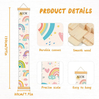 Personalized Name Growth Chart Wall Decor for Kids – Canvas Removable Height Chart Measuring Ruler 59" x 7.9" (Rainbows)