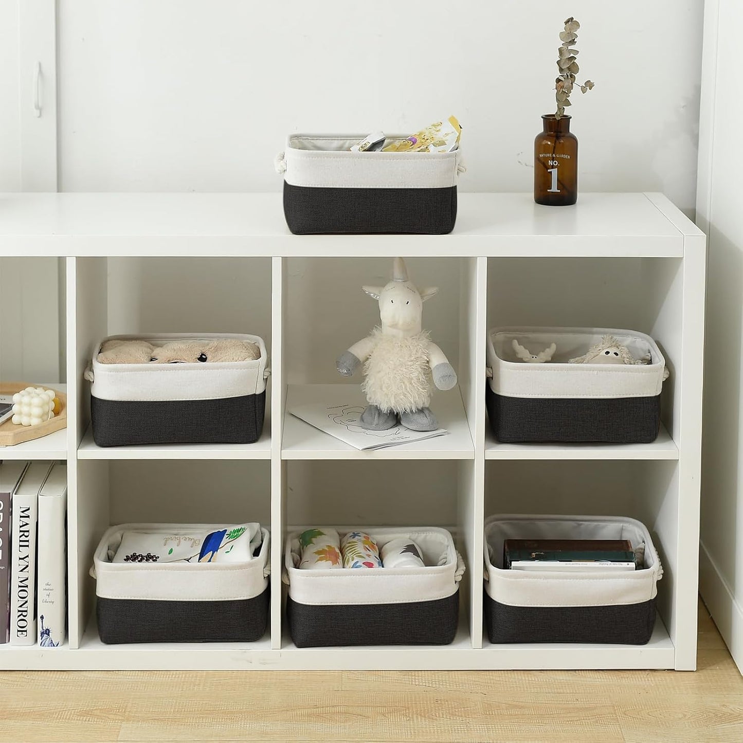 TheWarmHome Storage Bins for Shelves - 12x8x5.2 inch 1 Pack Storage Baskets for Gifts Empty for Closet Organizing Dog Gift Cloth Toy Cubes Box (White & Black)