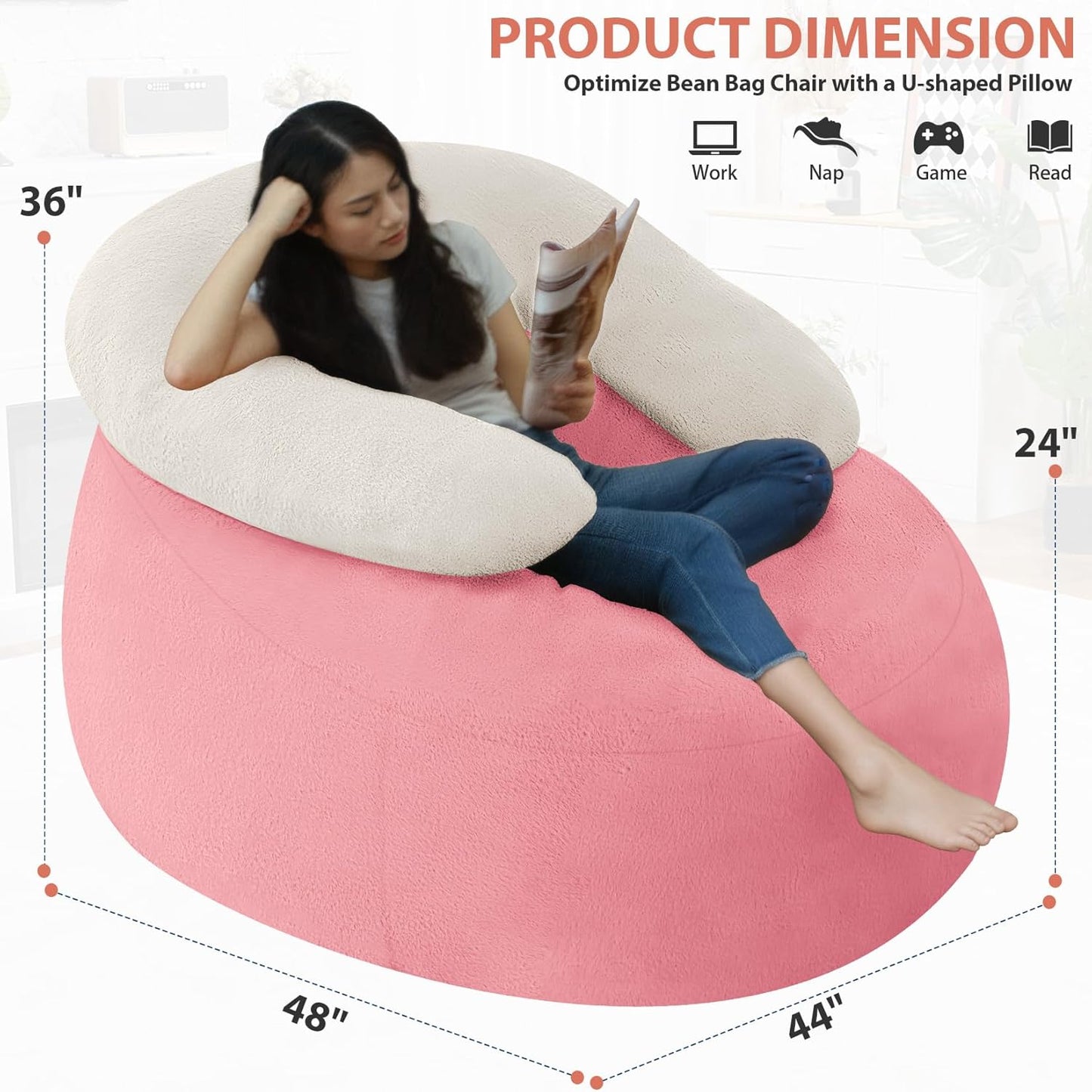 HABUTWAY Bean Bag Chair with U-Shaped Pillow - Faux Fur Fabric (Beige-Light Pink)