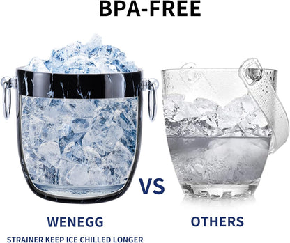 Ice Bucket with Lid, Scoop, Tongs and Strainer - Well Made Insulated Stainless Steel Keep Ice Frozen Longer - Ideal for Cocktail Bar, Parties, Chilling Wine, Champagne - 3 Liter (Black Marble)