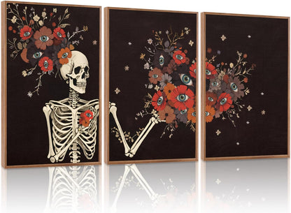 KAIRNE Gothic Skull Wall Art,Halloween Skeleton Canvas Set of 3(16”x24”),Scary Skull Painting,Horror Floral Botanical Prints,Romantic Spooky Halloween Wall Art for Living Room Bedroom Goth Party Decor