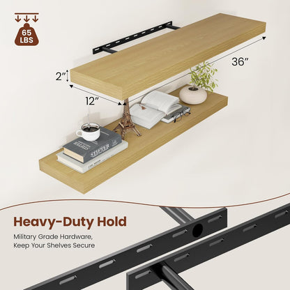 12 Inch Deep Floating Shelves 36 inch Long, 36 x 12 Wide Wall Shelves with Invisible Brackets, Heavy Duty Shelf for Bedroom Bathroom Living Room Kitchen Office Home Decor, Modern Shelf Set of 2, Oak