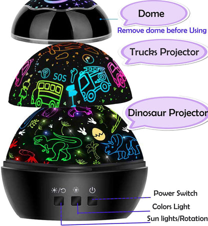 MINGKIDS Night Light for Kids,2 in 1 Rotating Projector Lamp with Dino&Vehicles Theme,2 Ways to Charge,Baby Night Light Ceiling Projector for Bedroom Kids Room Decor