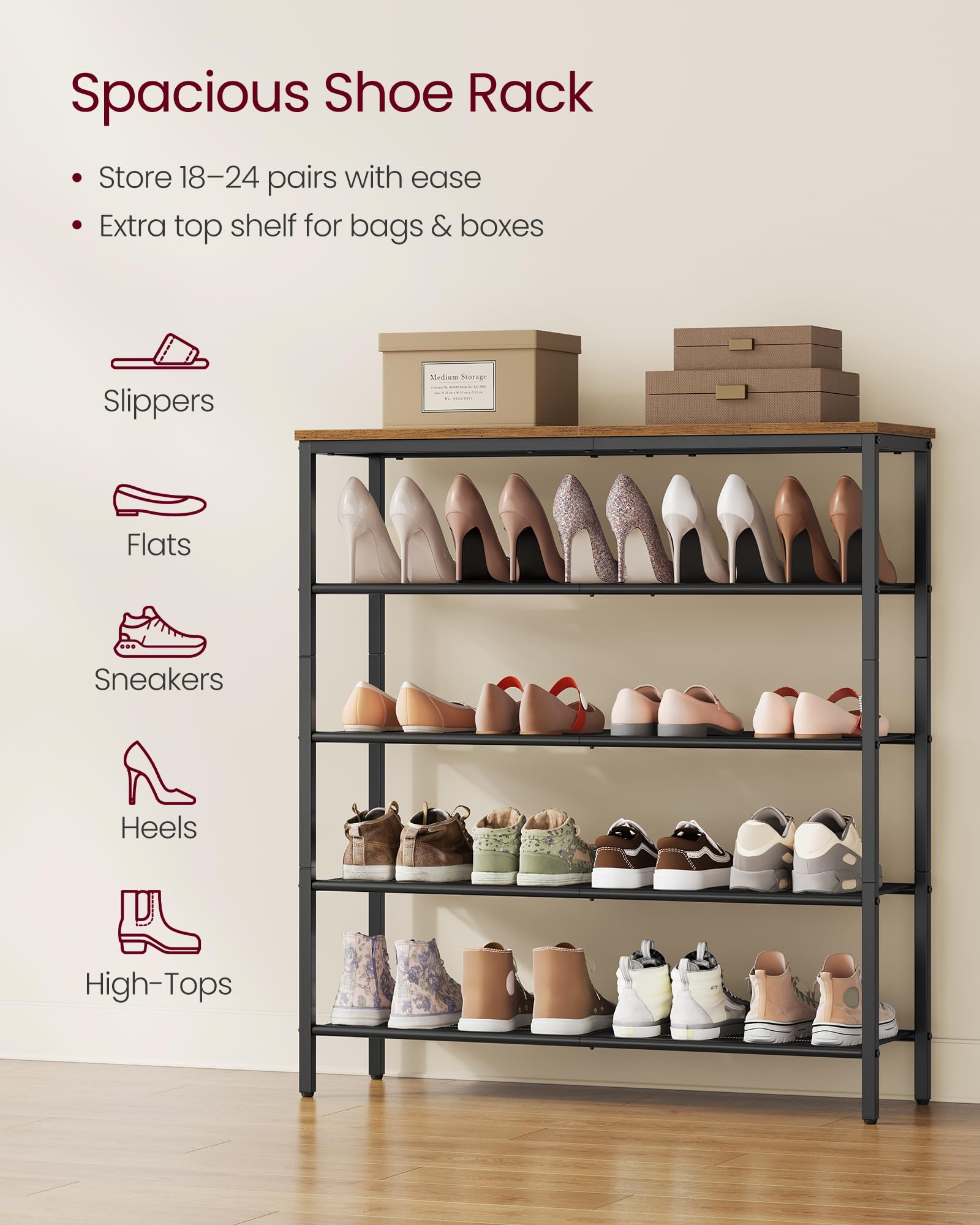 VASAGLE 5-Tier Shoe Rack, Large Shoe Storage Organizer for Closet, Entryway, 18-24 Pairs, with 4