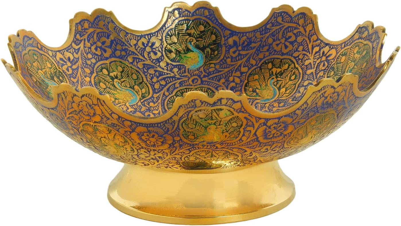Brass Decorative Dry Fruit Bowl Multipurpose Serving Bowl carving Work - Size- 7" Beautiful Blue Color Peacock design Kitchenware Gift