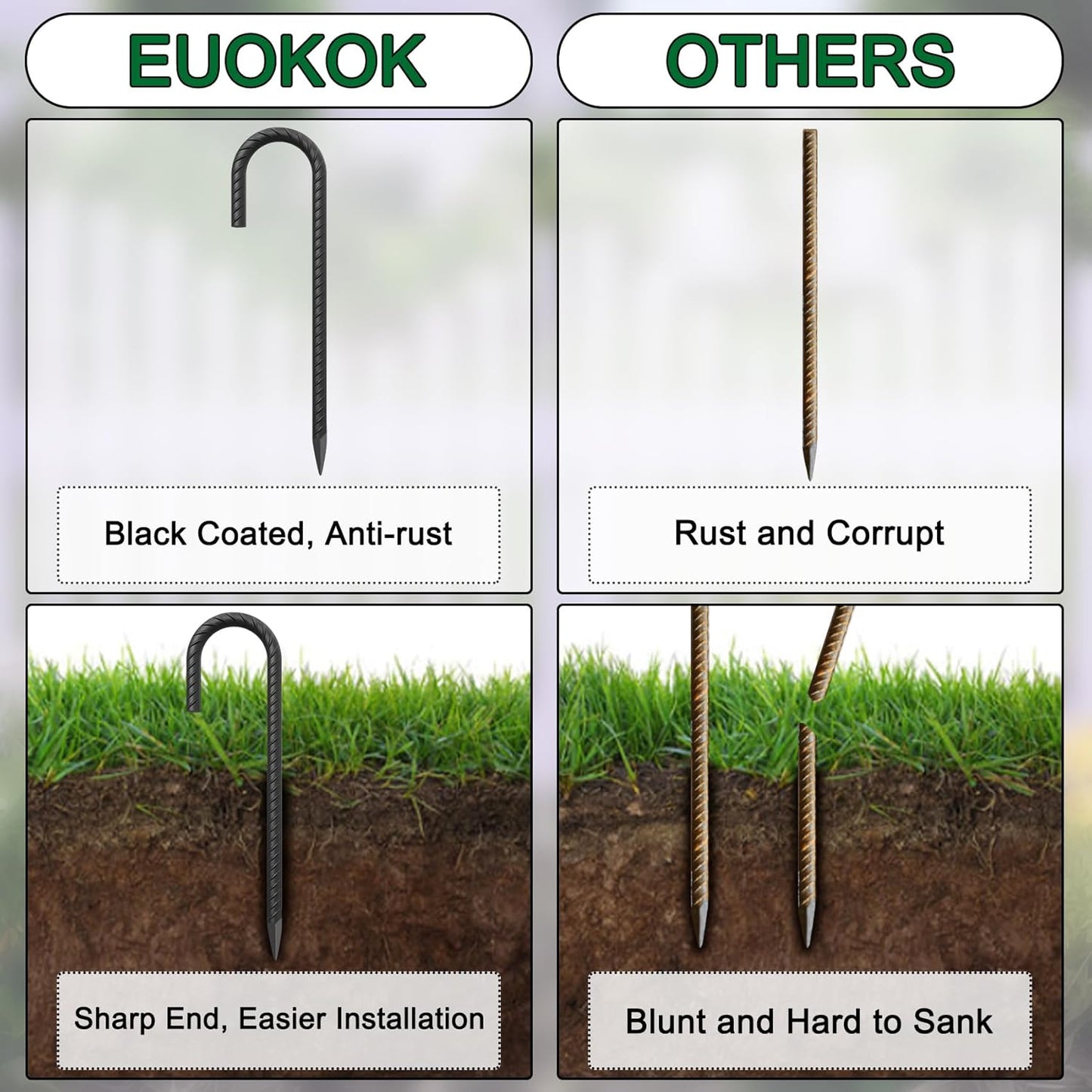 16 Inch Ground Rebar Stakes Heavy Duty J Hook Ground Anchors 40 Pack, Tent Stakes with Chisel Point End, Chain Link Fence Spikes for Bounce House, Gazebos and Outdoor Decorations Inflatables