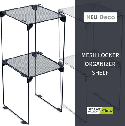 Neudeco Pack 2, Mesh Locker Shelf, Stackable Extra Tall Locker Organizer, Collapsible and Metal Build, Fits Standard Size School Locker, Suitable for Work, Kitchen, Bathroom (Grey)