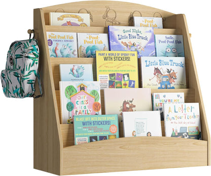 5-Tier Kids Bookshelf Montessori Toddler Book Rack Baby Bookcase Floor Front Facing Magazine Display Shelf for Bedroom Playroom Nursery Classroom Kindergarten Wood (Natural)