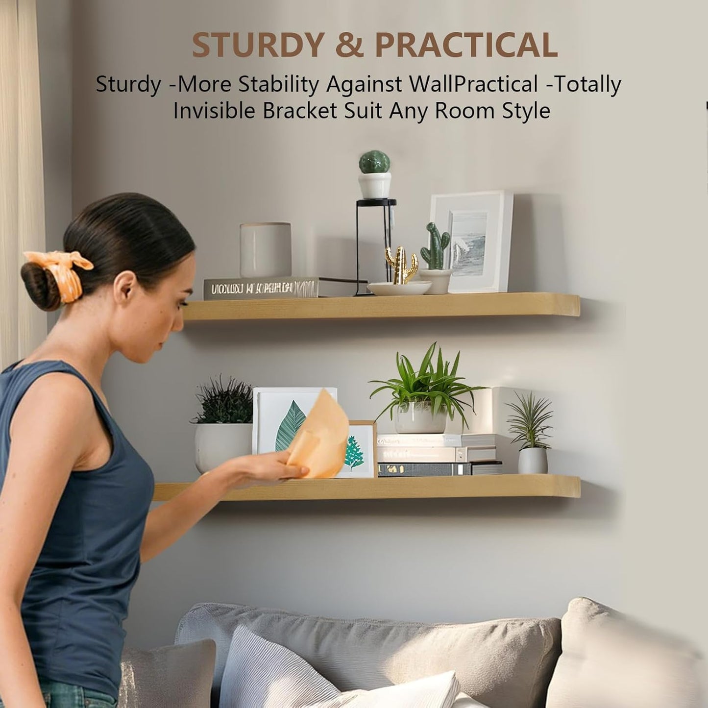 Solid Wood Floating Shelves Set of 2 - Natural, Warp & Crack Resistant 17.72 Inch Wall Shelf with Invisible Brackets Thicker, More Durable for Bathroom, Bedroom, Kitchen, Living Room (Wood, 17.72)