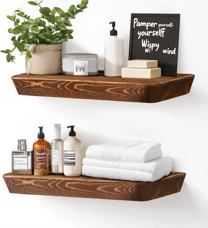 16"x6.8"x1.6" Slanted Floating Wall Shelves 2-Pack - Rustic Brown Finish, Heavy-Duty Solid Wood Design with Hidden Brackets - Perfect for Living Room, Kitchen, Bathroom, or Office