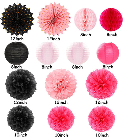 Hot-Pink Black Birthday Party-Decorations Streamers Lanterns - 14pcs Baby Girl Paper Honeycomb Fan,Tissue Pom Poms, Graduation Engagement Bachelorette Backdrop Decor Ouruola
