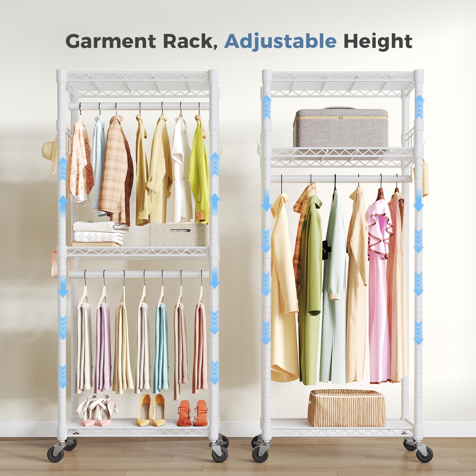 OLIXIS Clothes Rack Heavy Duty Adjustable Garment Clothing Rack with Wheels, Rolling Metal