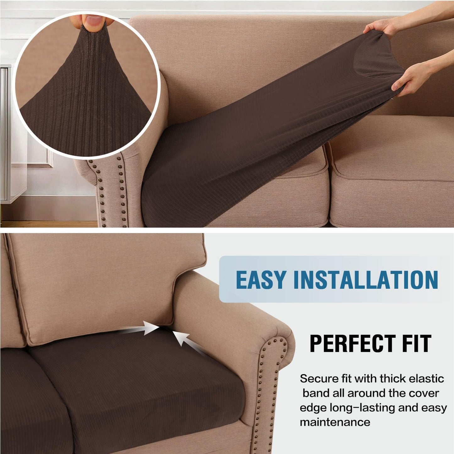 H.VERSAILTEX Velvet Stretch Couch Cushion Cover Plush Cushion Slipcover for Chair Loveseat Sofa Cushion Furniture Protector Seat Cushion Sofa Cover (2 Piece Medium Sofa Cushion Covers, Brown Striped)