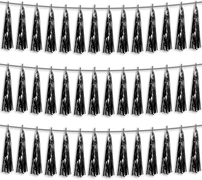 3P Black Foil Fringe Metallic Tassel Streamers Banner Tassel Garland for Parade Floats, Bachelorette, Wedding, Birthday, Halloween, Christmas, Bridal/Baby Shower Party Decorations