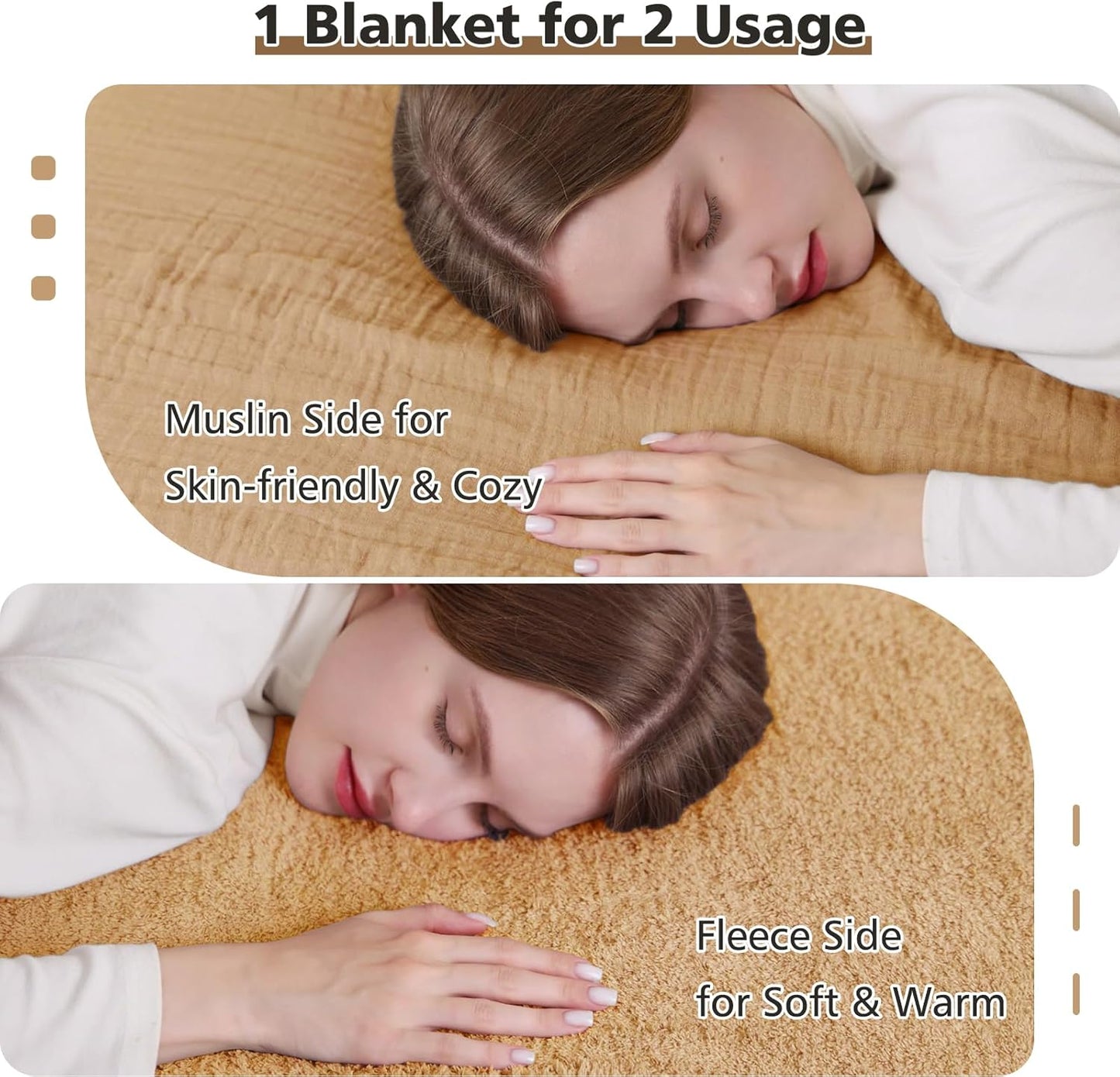 EMME Muslin and Fleece Twin Blanket Reversible - 60"*80" Beige Soft Warm Throw Blankets for Couch Bed Picnic Travel Bed