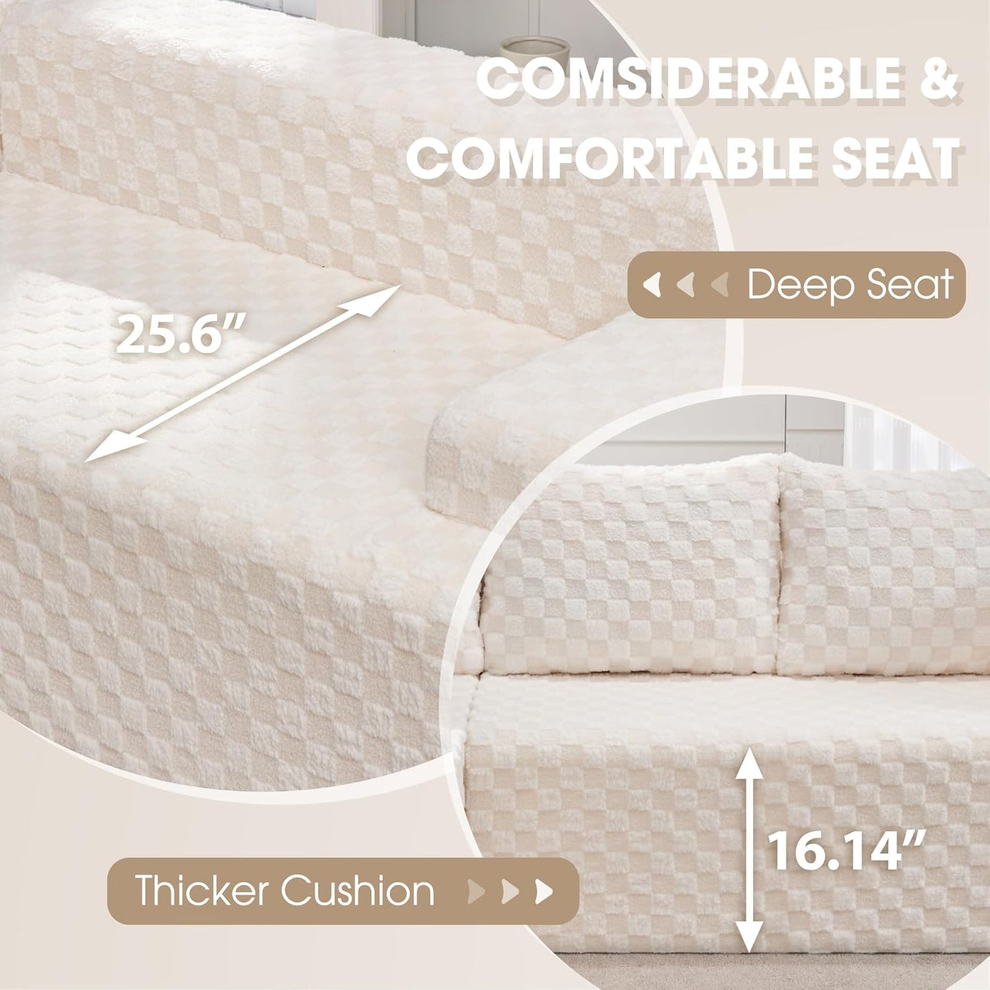 Hobestluk 96” Modular Sectional Sofa Couches L-Shape Couch 3 Seat Modular Sofa Memory Foam Sectional Couches for Living Room, Cloud Couch with Oversized Chaise (White, Checked (Left Facing Chaise))