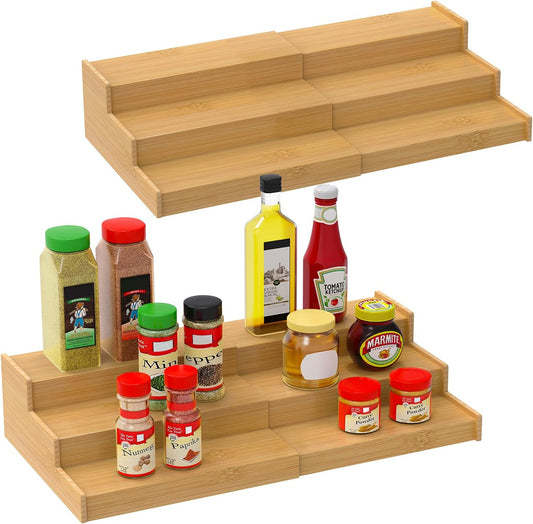 Spice Rack Organizer for Cabinet 2Pack, 3 Tier Expandable Bamboo Spice Storage, Great for Kitchen Cabinet, Cupboard,Pantry and More(Natrual)