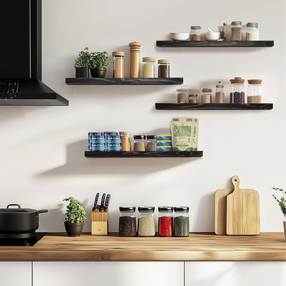Floating Wall Shelves 4-Pack - Rustic Black 16-inch Wooden Wall Shelves for Storage and Décor, Multi-Functional and Easy to Install for Living Room, Bedroom, and Kitchen