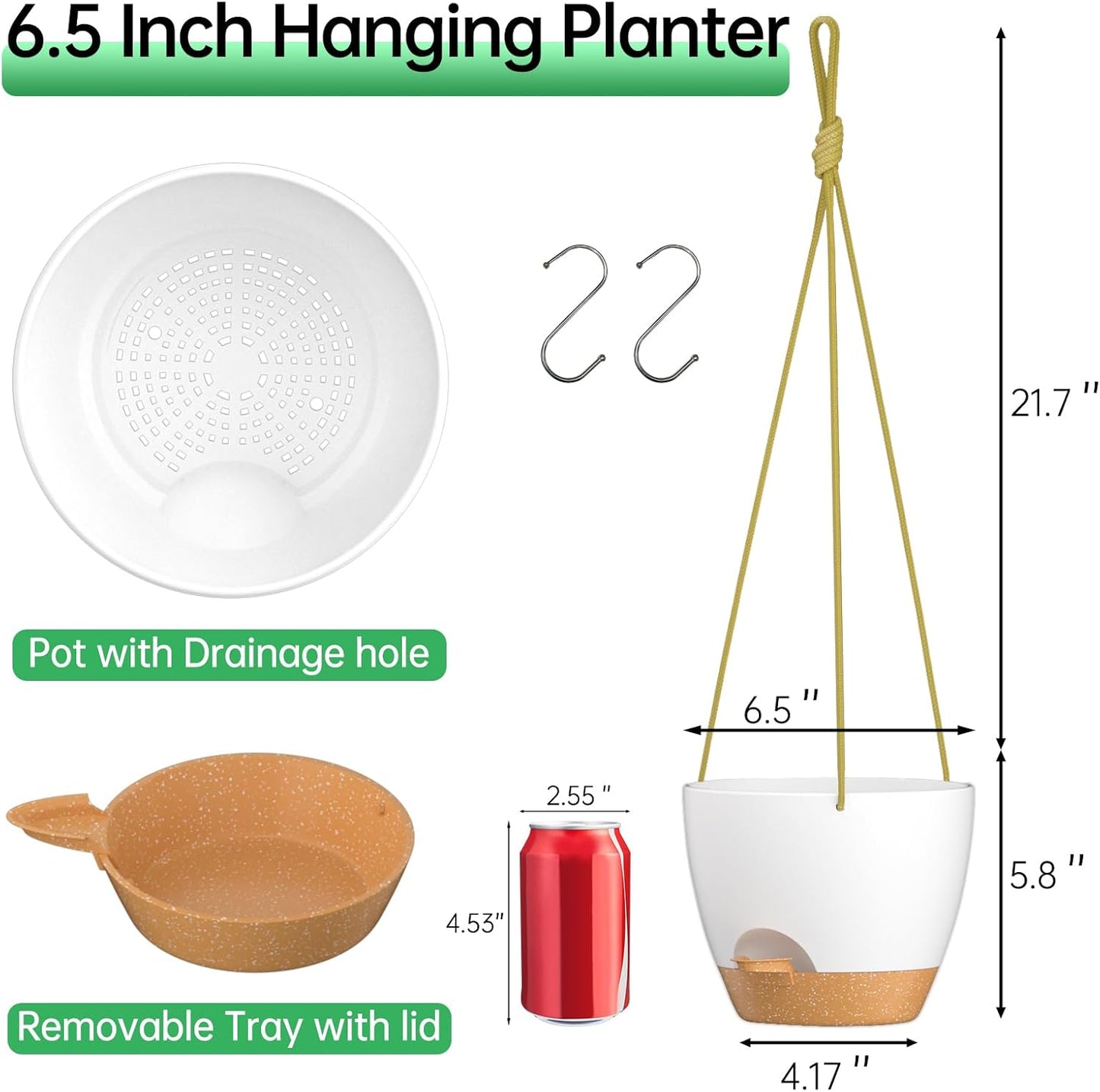ZMTECH 6.5 Inch Hanging Planters for Indoor Outdoor Plants, 2 Pack Self Watering Hanging Plant Pots with Drainage Holes and Removable Saucer, Plastic Flower Hanging Pots with Watering Lip (White)