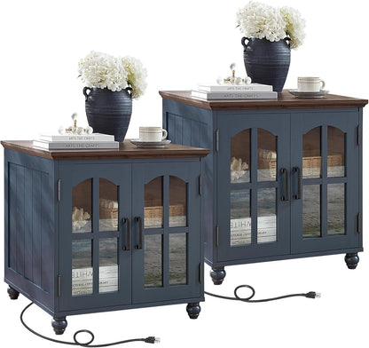Farmhouse 24" End Table Set of 2 with Charging Station, Large Sofa Side Table with Glass Barn Door,Wood Night Stand with Adjustable Storage Shelf,Square Bedside Table for Living Room,Bedroom
