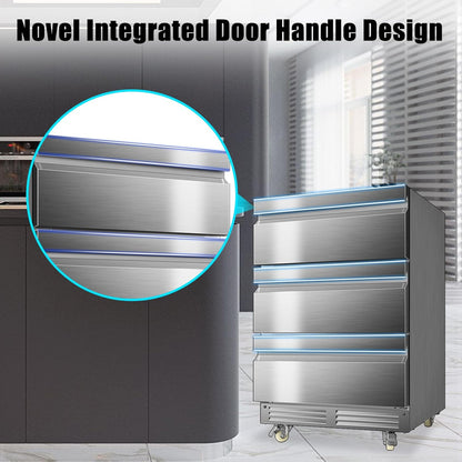 24 Inch Upgraded Three-Drawer Beverage Fridge, Weather Proof Outdoor Stainless Steel Beverage Refrigerator, Under Counter Built-in Beverage Cooler for Home & Commercial Use