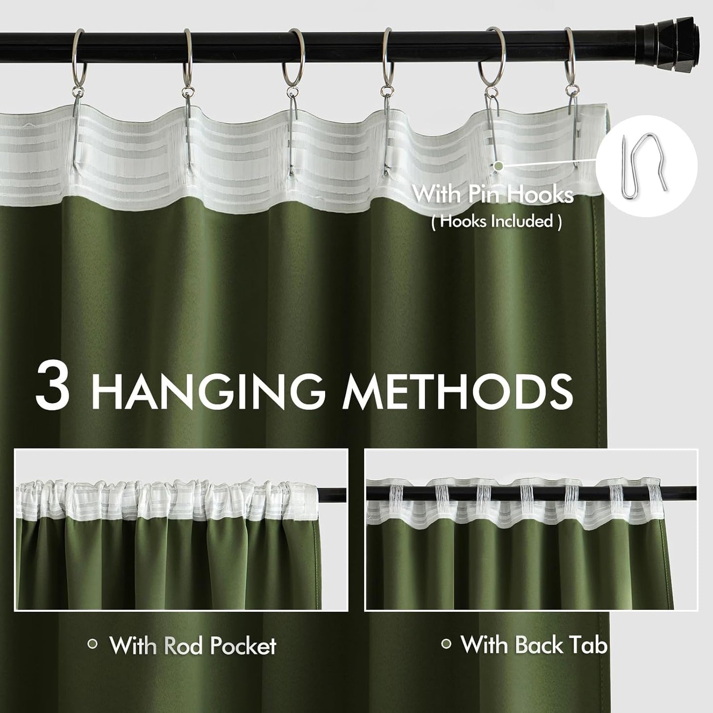 MIULEE Olive Green Back Tab Blackout Curtains 90 Inches Long 2 Panels Set for Living Room Bedroom Privacy, Rod Pocket/Pinch Pleat Thermal Insulated Room Darkening Pleated Light Blocking Drapes