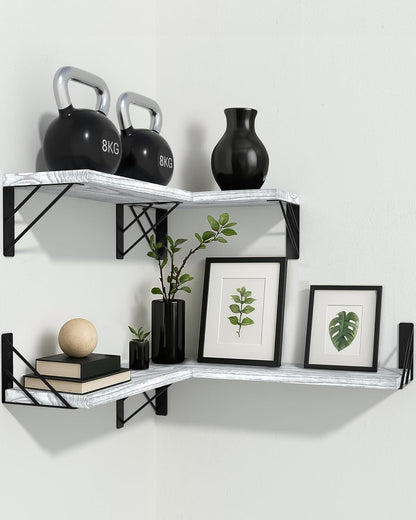 BAYKA Wall Shelves for Bedroom Decor, Floating Wall Shelves for Living Room Kitchen Storage, Wall Mounted Rustic Wood Floating Shelves for Kids Books, Corner Shelf for Bathroom(Gray White，Set of 4)