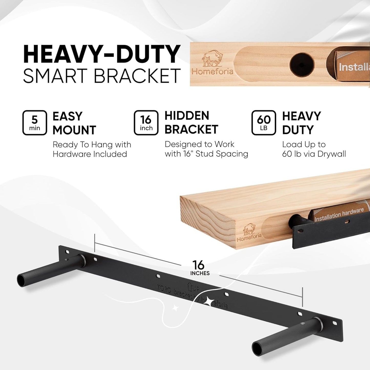 Homeforia Black Floating Shelves 36 inches Long, High End Solid Real Wood 36 inch Floating Shelf for Wall Mounted, Black Wooden 36in Floating Shelves, Heavy Duty Bracket, 36 X 6.5 X 1.75 in, Set of 2