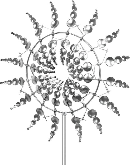 Unique and Magical Metal Windmill, 3D Wind Powered Kinetic Sculpture, Metal Wind Spinner Solar, Wind Spinners for Yard and Garden, Wind Catchers Metal Outdoor Patio Decoration (2 PCS -Silver)