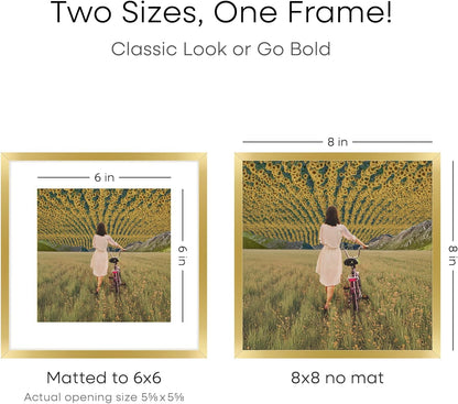 Homeforia 8x8 Picture Frame Gold, High End Metal 8 x 8 Square Photo Frames with Mat 6 by 6, 8x8 Poster Frame Matted to 6x6 inches Print, 8by8 Wall or Tabletop Frame, Tempered Glass, Wall Kit, Set of 1