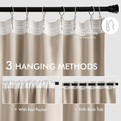 MIULEE Taupe Back Tab Blackout Curtains 63 Inch Length 2 Panels Set for Living Room Bedroom Privacy, Rod Pocket/Pinch Pleat Thermal Insulated Room Darkening Pleated Light Blocking Drapes