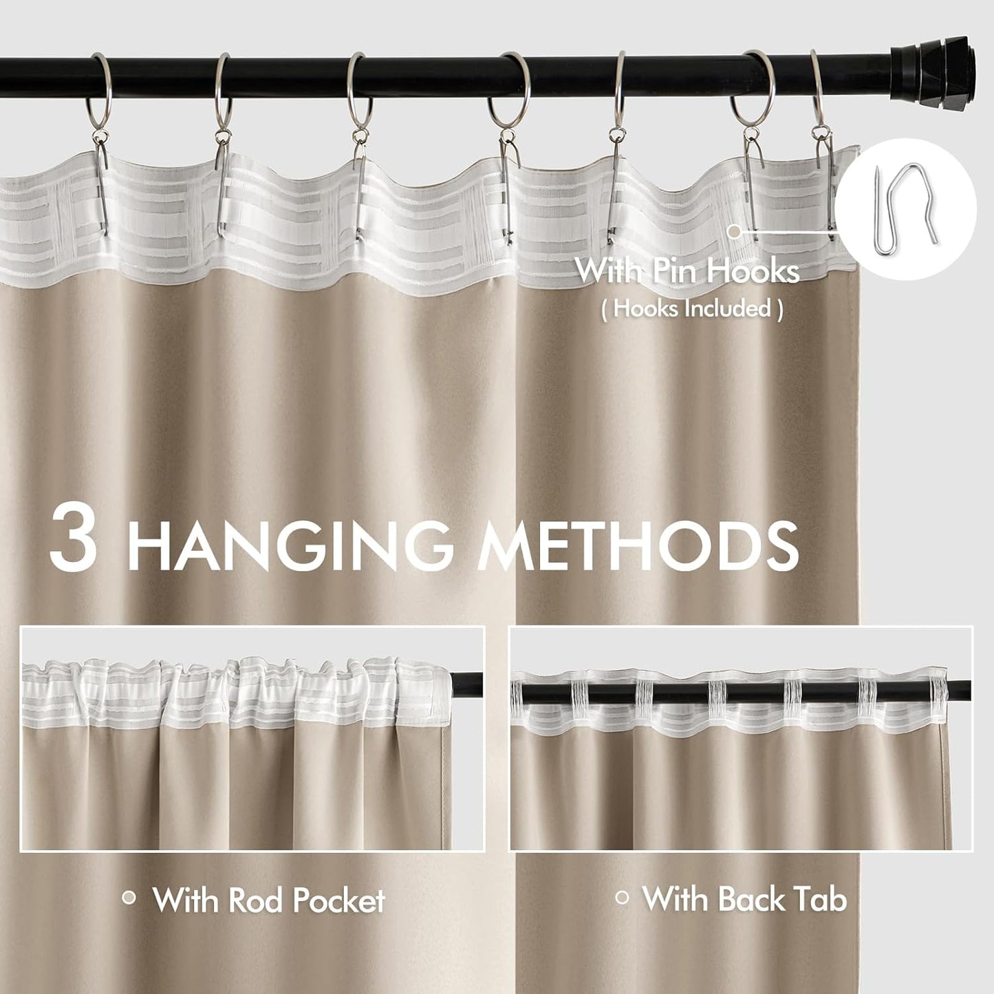 MIULEE Taupe Back Tab Blackout Curtains 108 Inch Long 2 Panels Set for Bedroom, Rod Pocket/Pinch Pleat Extra Long Thermal Insulated Living Room Darkening Pleated Light Blocking Drapes