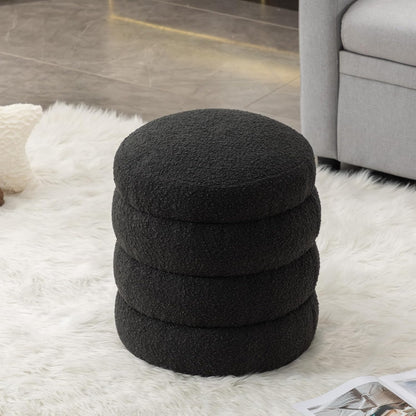 Furniliving Modern Round Ottoman, Soft Bedroom Ottoman Footstool Round Ottomans Stool for Living Room, Bedroom, Makeup Room, Black, Boucle