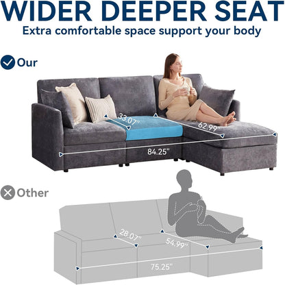 Tbfit Convertible L Shaped Couch, Sectional Sofa for Living Room,Chenille Cloud Couch with Ottoman 4 Seat (Grey)