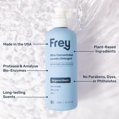 FREY Concentrated Liquid Laundry Detergent | Formulated for Sensitive Skin & HE Washers | Removes Stains Effectively | 50 Loads per Bottle (Cedar Grove & Bergamot Beach)