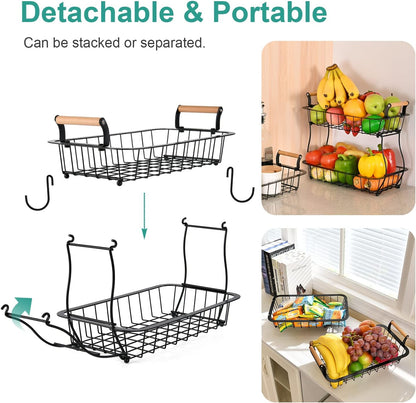 ANTOPY 2 Tier Fruit Basket with 2 Banana Hangers, Countertop Fruit Vegetable Basket Bowl for Kitchen Counter Metal Wire Fruits Storage Stand Holder Organizer for Bread Snack Veggies Produce