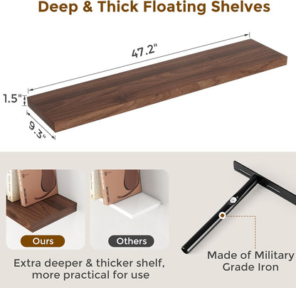 Floating Shelves 48 Inch Long, 48"W x 9"D Wall Shelf Invisible Bracket, 9 Inch Deep Floating Shelf for Wall, Rustic Wooden Shelves for Living Room, Kitchem, Bedroom, Walnut Color, Set of 1