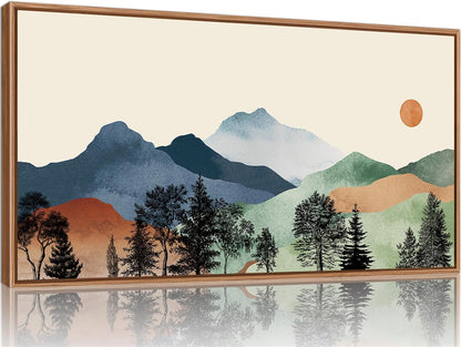 SIGNINART Large Boho Mountains Framed Canvas Wall Art, Watercolor Nature Landscape Art Prints, Neutral Modern Sunrise Art Paintings, Green Forest Wall Decor for Living Room, Bedroom, Office 20"x40"