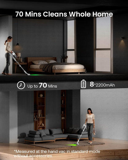 Cordless Vacuum Cleaner for Home, Upgraded 60Kpa Powerful Suction Pet Hair Vacuum with 70min Runtime, Green LED Light for Hardwood Floors & Carpet, Self-Standing Rechargeable Stick Vacuum, White