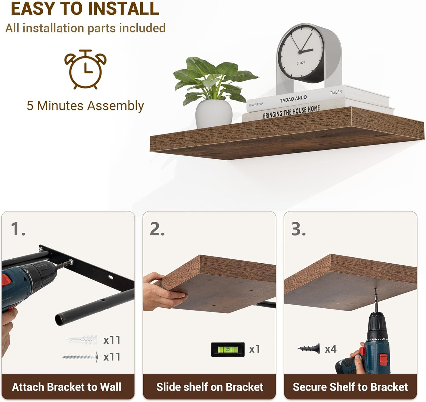 24 Inch Floating Shelves, 24"x9.25"x1.5" Inch Deep Floating Shelves for Wall, Wooden Shelves for Bathroom, Bedroom, Living Room, Brown