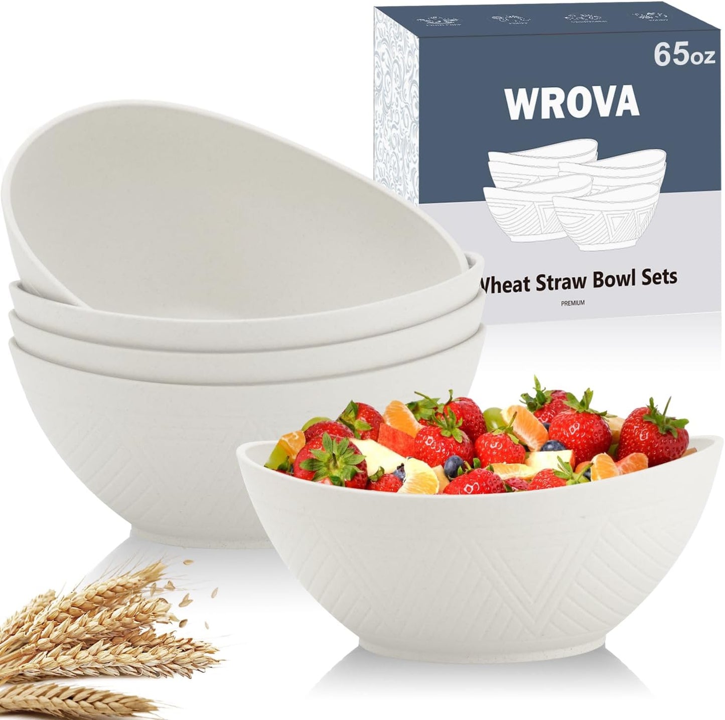 65oz Large Salad Bowls Ivory - Wheat Straw Salad bowls Set of 4 - Unbreakable Salad Bowls Dishware & Microwave Safe - BPA Free Bowls for kitchen,camping