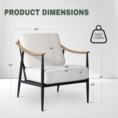 Modern Accent Chair for Living Room Bedroom Mid Century Arm Chair Upholstered Office Accent Chair Comfy Waiting Room Chair with Metal Frame, Cream White