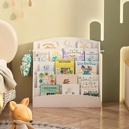 5-Tier Kids Bookshelf Montessori Toddler Book Rack Baby Bookcase Floor Front Facing Magazine Display Shelf for Bedroom Playroom Nursery Classroom Kindergarten Wood (White)