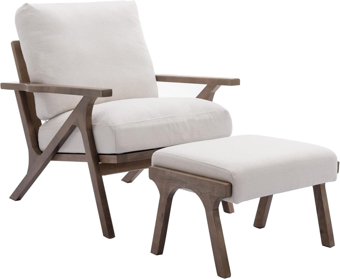 chairus Mid-Century Modern Accent Chair with Ottoman, Linen Fabric Armchair with Wood Legs Comfy Upholstered Single Sofa Chair for Living Room/Bedroom/Lounge, White