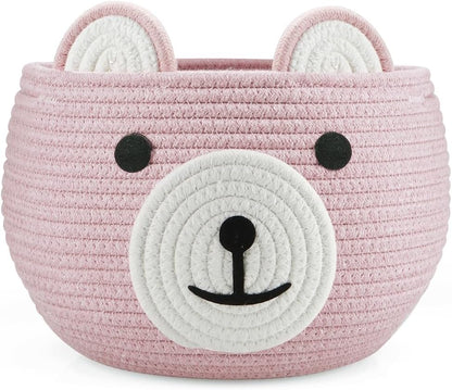 PandaEar Cotton Rope Baby Basket, Baby Gift Basket Nursery Laundry Organizer with Cute Bear Design for Storage Infant Newborn Essentials, Diaper Caddy with Handle (Pink)