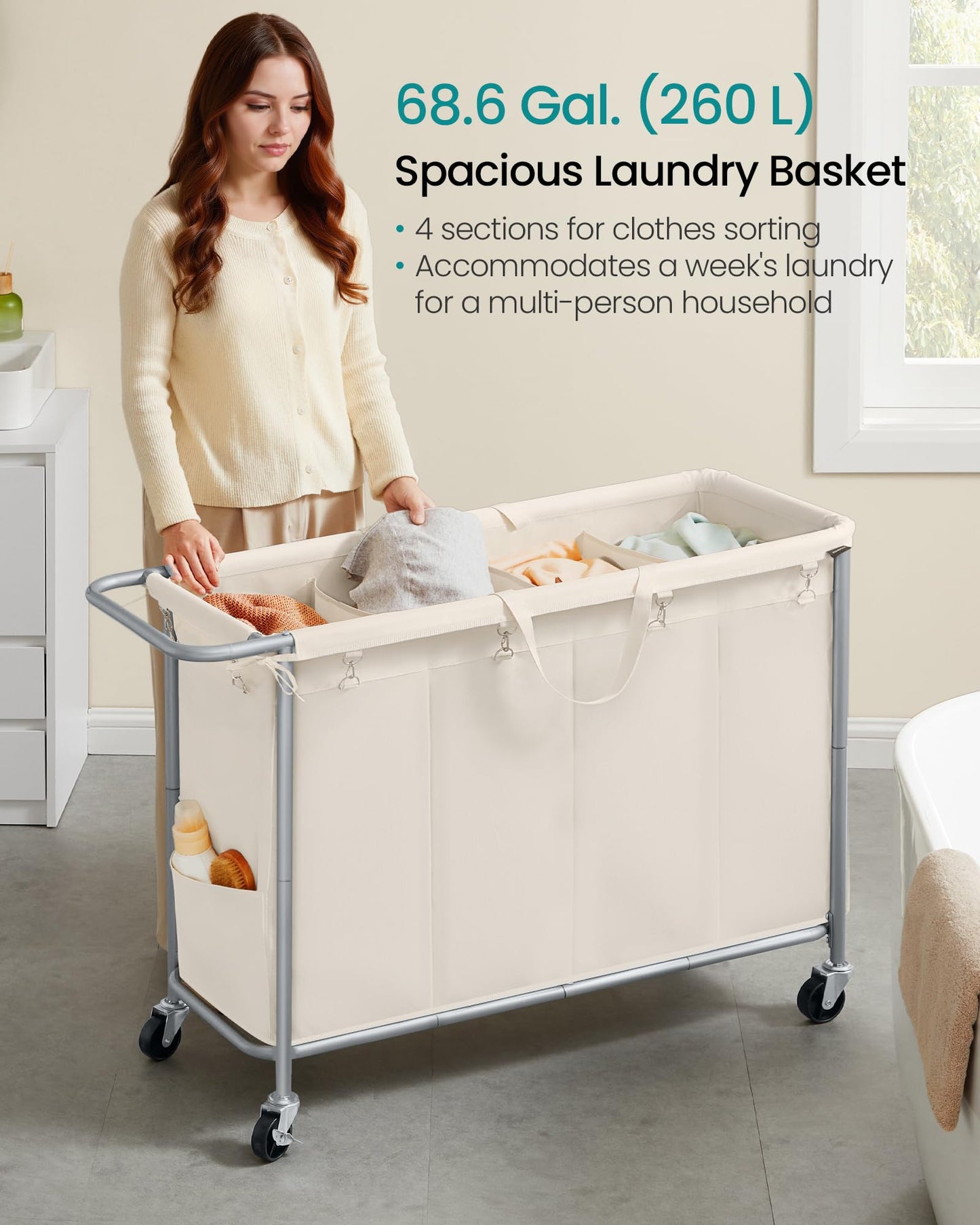 SONGMICS Laundry Basket with Wheels, 4-Section Rolling Laundry Hamper, 68.6 Gallons (260 L)