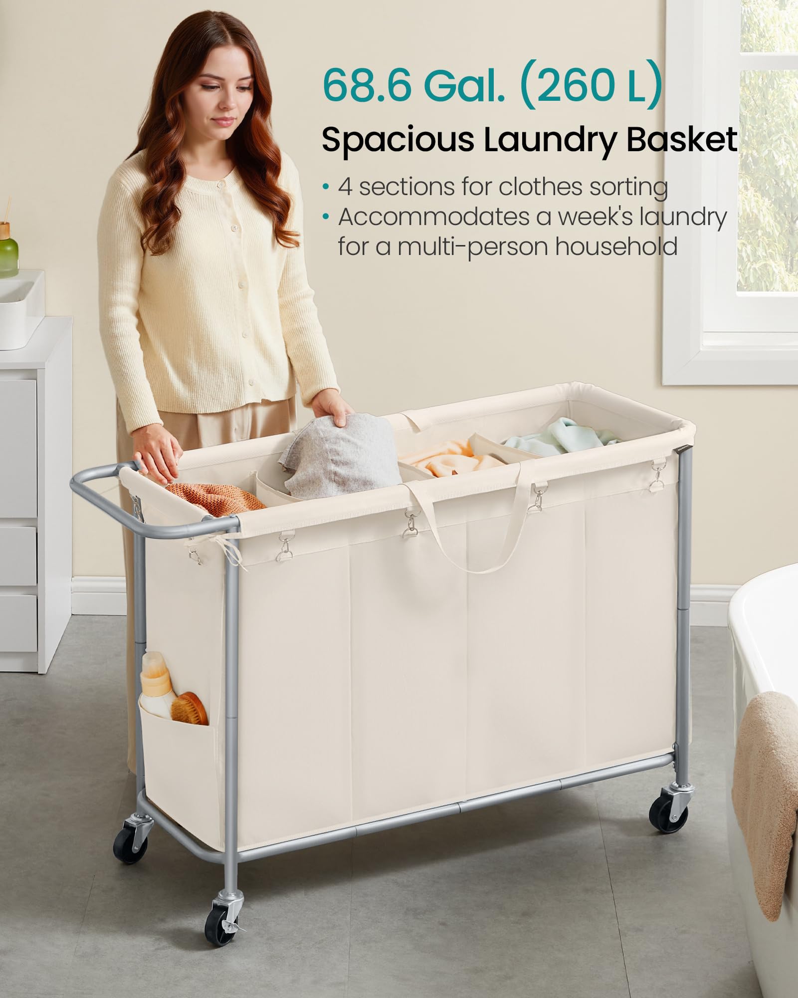 SONGMICS Laundry Basket with Wheels, 4-Section Rolling Laundry Hamper, 68.6 Gallons (260 L)